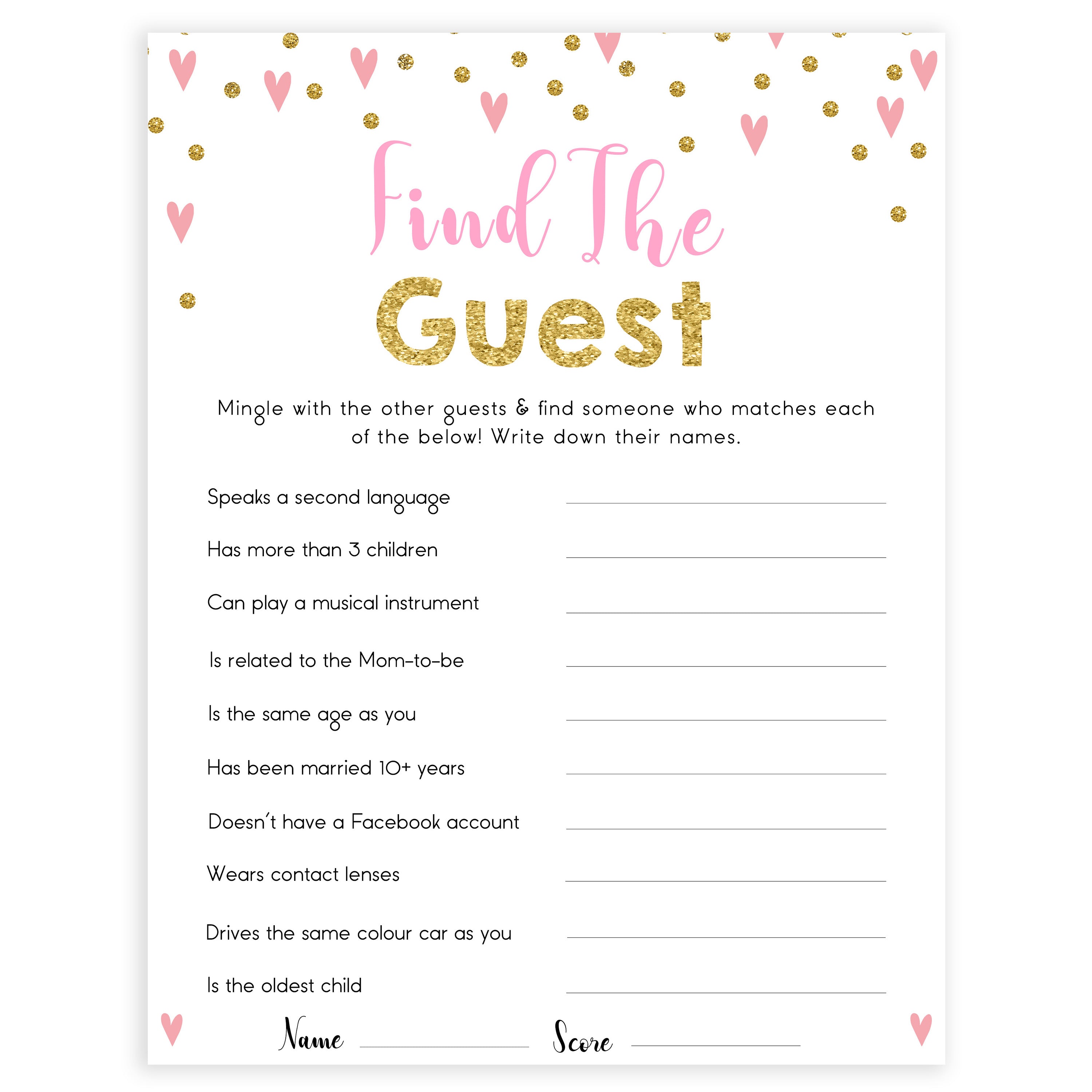 pink hearts baby shower, find the guest baby game, printable baby games, pink baby games, girl baby games, top 10 baby games, fun baby games