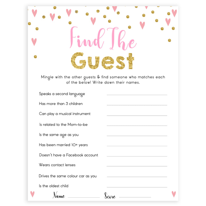 pink hearts baby shower, find the guest baby game, printable baby games, pink baby games, girl baby games, top 10 baby games, fun baby games