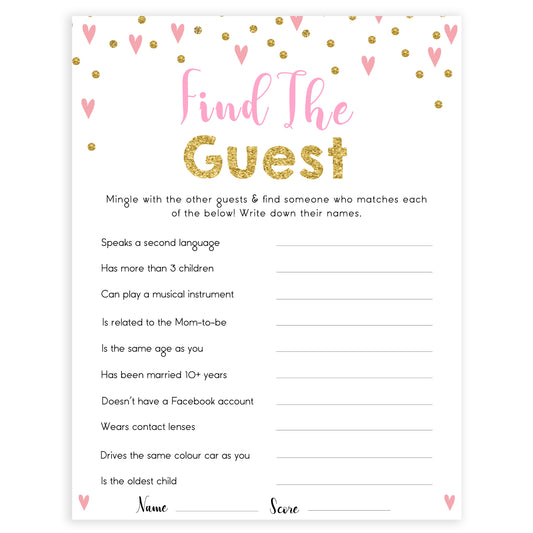 pink hearts baby shower, find the guest baby game, printable baby games, pink baby games, girl baby games, top 10 baby games, fun baby games