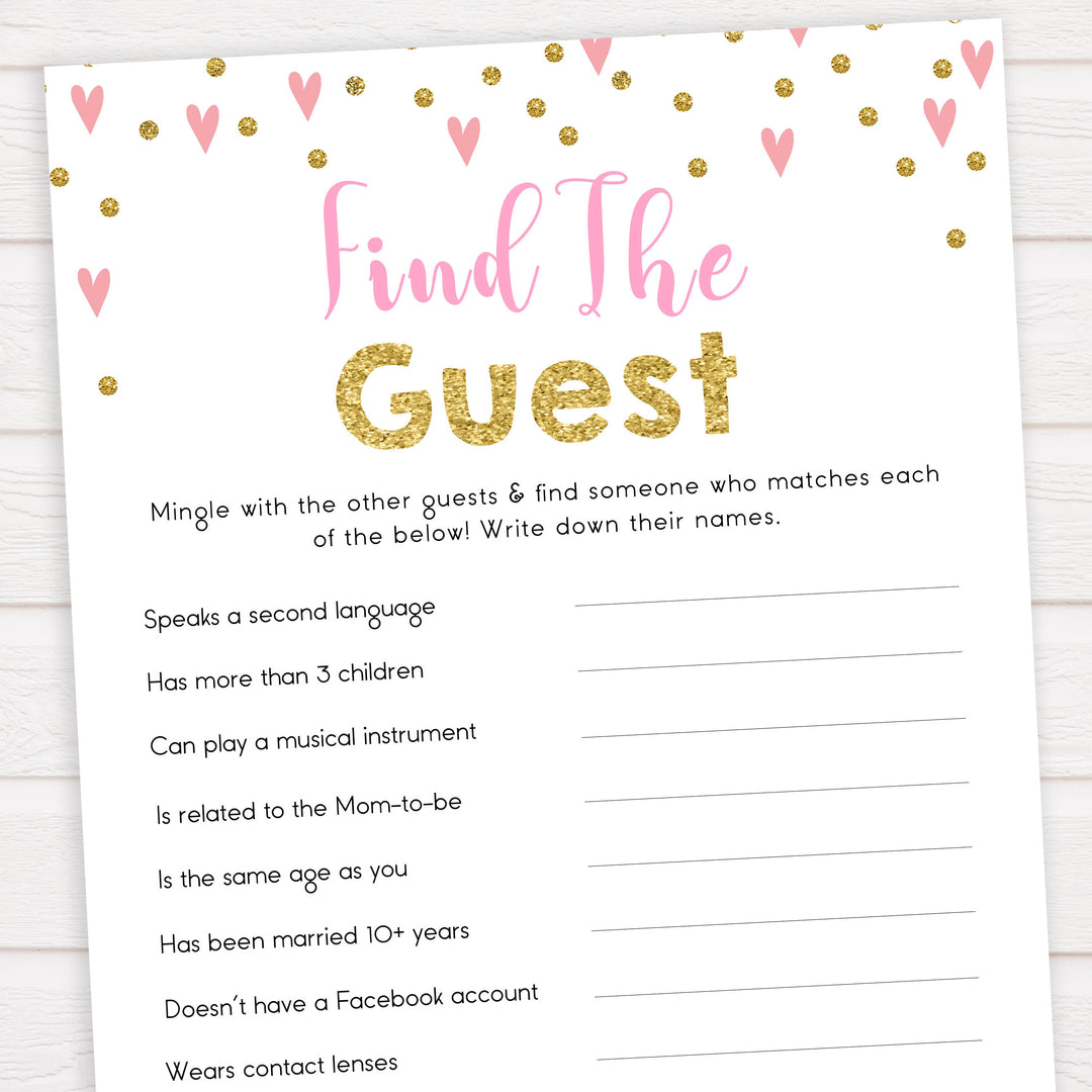 pink hearts baby shower, find the guest baby game, printable baby games, pink baby games, girl baby games, top 10 baby games, fun baby games