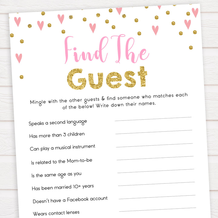 pink hearts baby shower, find the guest baby game, printable baby games, pink baby games, girl baby games, top 10 baby games, fun baby games