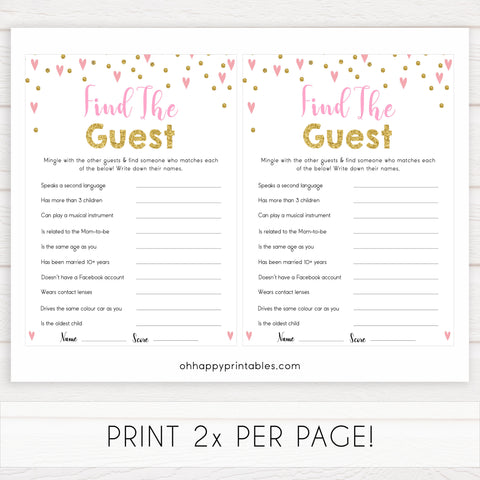 pink hearts baby shower, find the guest baby game, printable baby games, pink baby games, girl baby games, top 10 baby games, fun baby games