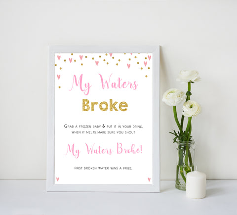 pink hearts baby shower, my waters broke baby game, printable baby games, pink baby games, girl baby games, top 10 baby games, fun baby games