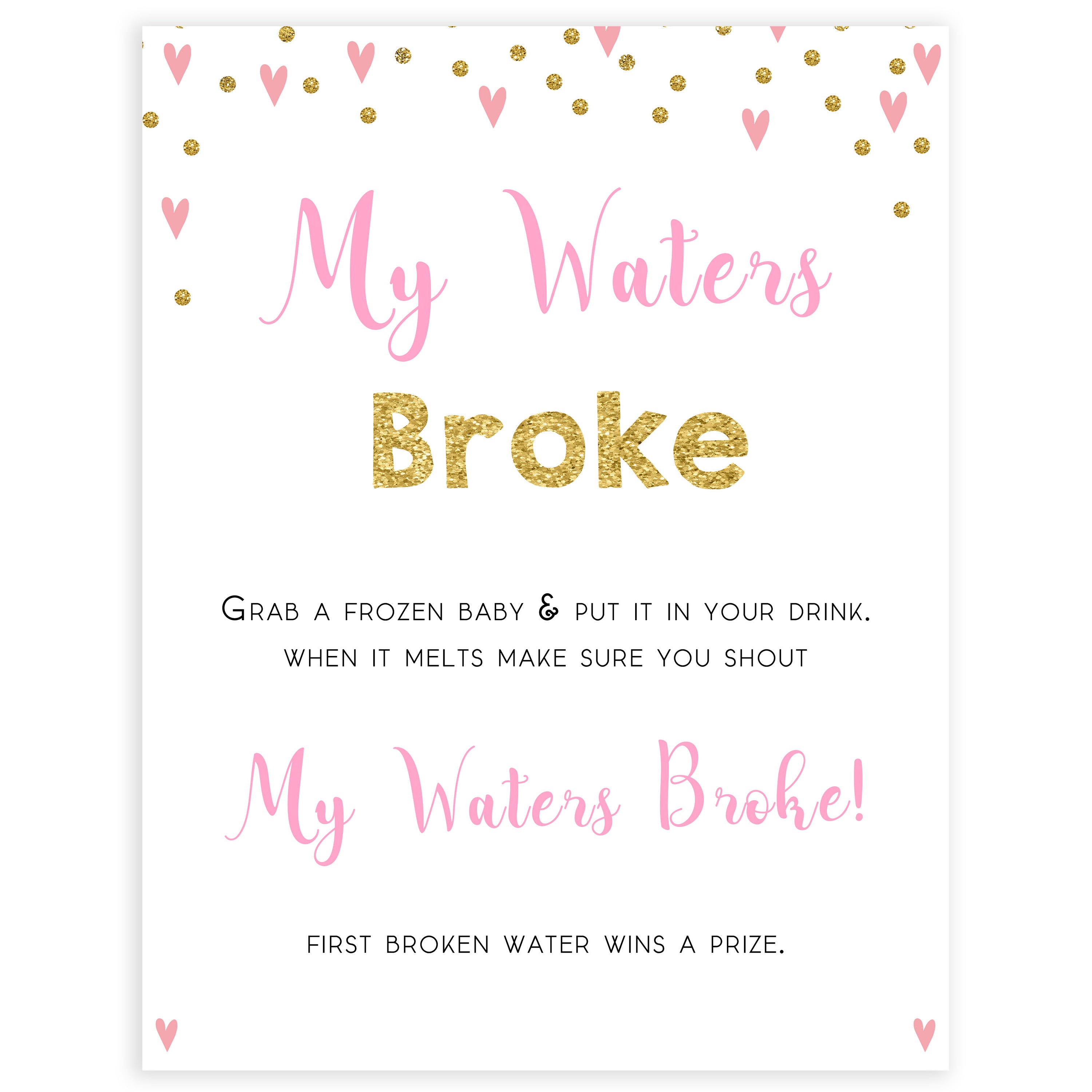 pink hearts baby shower, my waters broke baby game, printable baby games, pink baby games, girl baby games, top 10 baby games, fun baby games