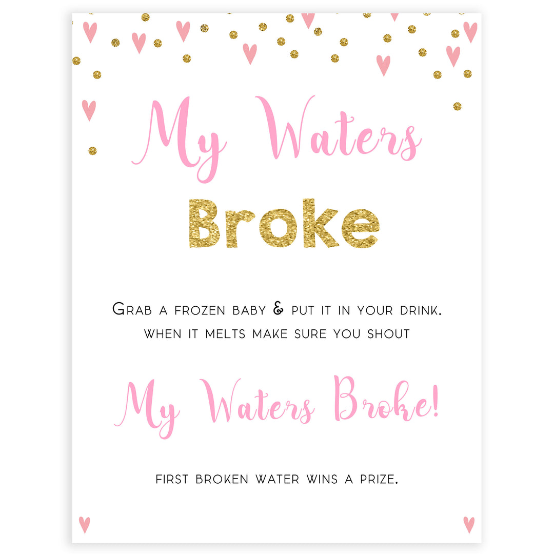 pink hearts baby shower, my waters broke baby game, printable baby games, pink baby games, girl baby games, top 10 baby games, fun baby games