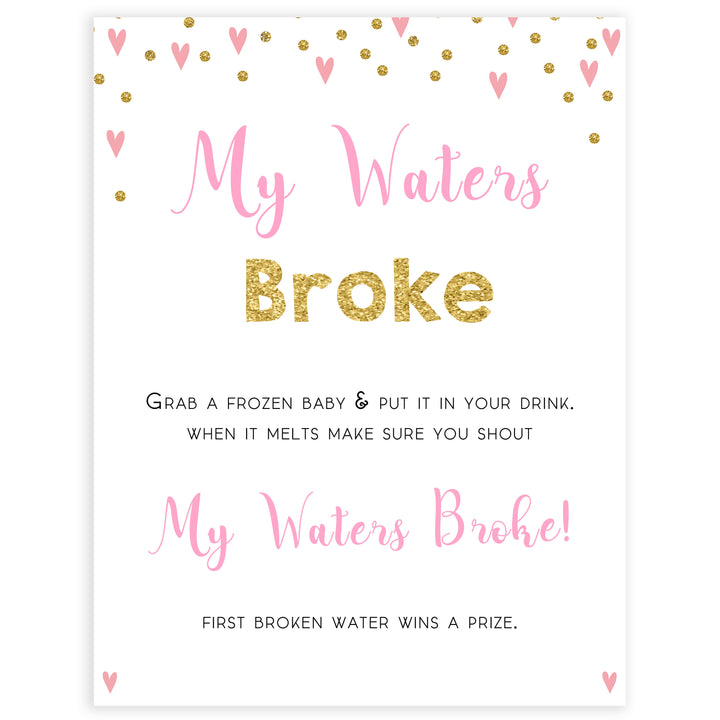 pink hearts baby shower, my waters broke baby game, printable baby games, pink baby games, girl baby games, top 10 baby games, fun baby games