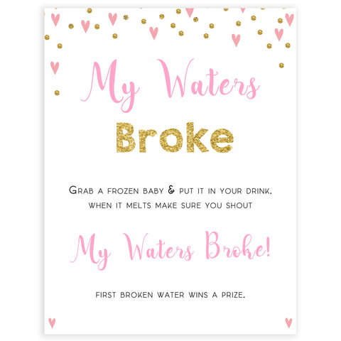 pink hearts baby shower, my waters broke baby game, printable baby games, pink baby games, girl baby games, top 10 baby games, fun baby games