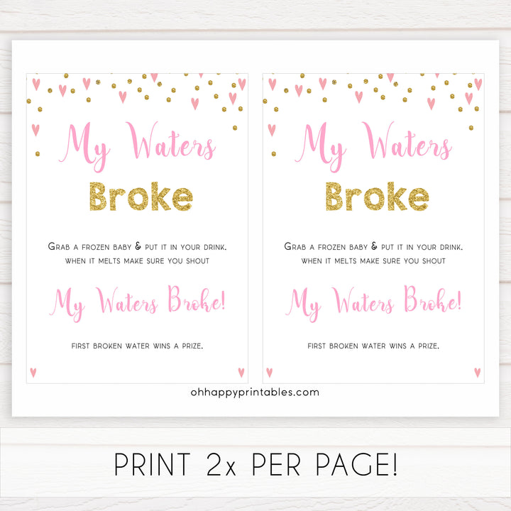 pink hearts baby shower, my waters broke baby game, printable baby games, pink baby games, girl baby games, top 10 baby games, fun baby games