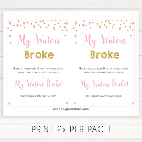 pink hearts baby shower, my waters broke baby game, printable baby games, pink baby games, girl baby games, top 10 baby games, fun baby games
