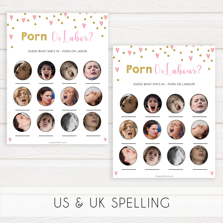 pink hearts baby shower, labor or porn, porn or labour baby game, printable baby games, pink baby games, girl baby games, top 10 baby games, fun baby games