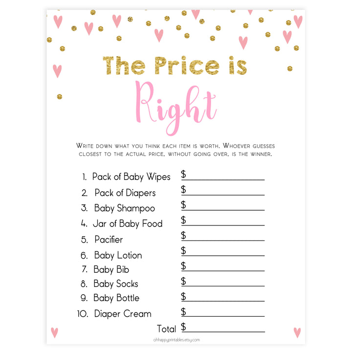 Small pink hearts baby game, the price is right game, fun baby games, top baby games, printable baby games, girl baby games, pink baby shower, 10 best baby games