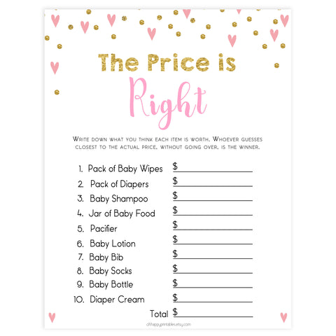Small pink hearts baby game, the price is right game, fun baby games, top baby games, printable baby games, girl baby games, pink baby shower, 10 best baby games