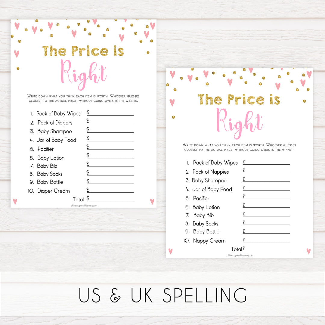 Small pink hearts baby game, the price is right game, fun baby games, top baby games, printable baby games, girl baby games, pink baby shower, 10 best baby games
