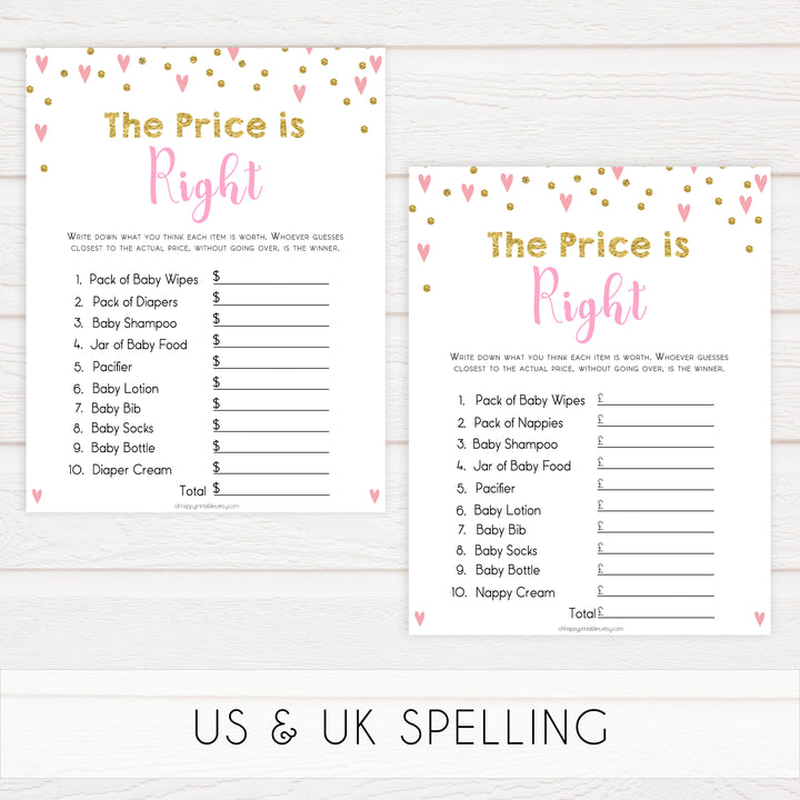 Small pink hearts baby game, the price is right game, fun baby games, top baby games, printable baby games, girl baby games, pink baby shower, 10 best baby games