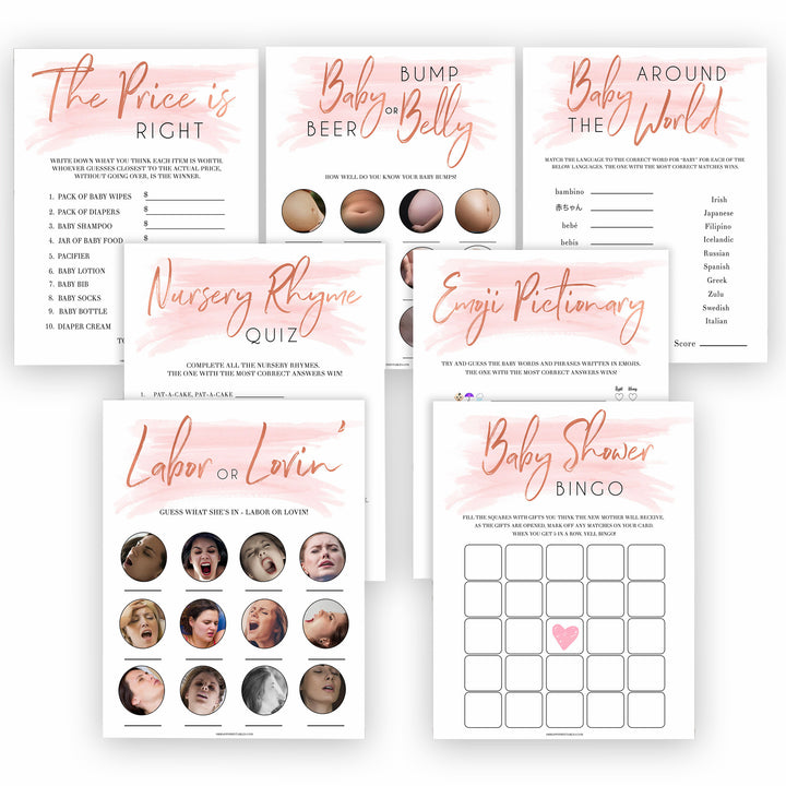 7 pink swash baby shower games bundles, labor or porn baby games, fun baby shower games, popular baby shower games