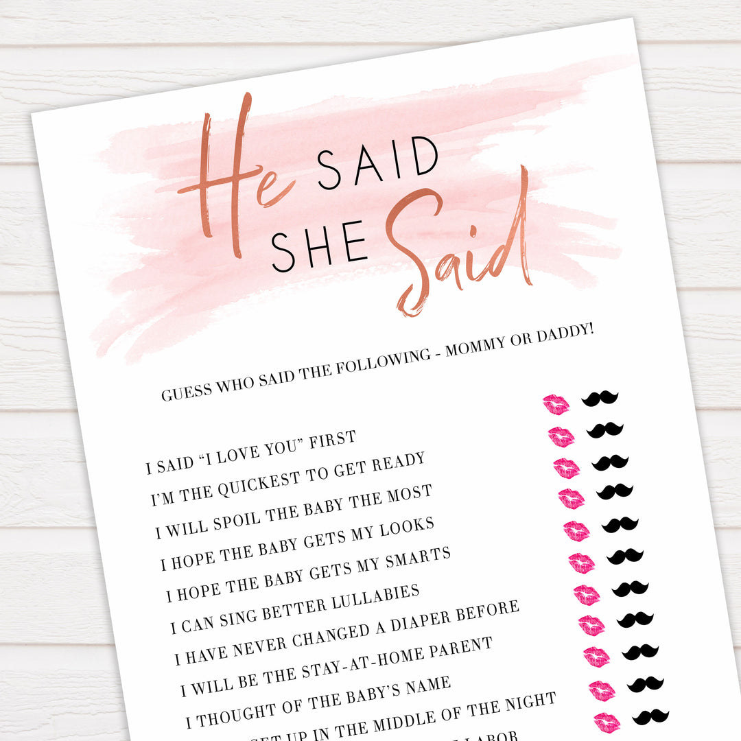 Pink Swash He Said She Said Baby Shower Game, Printable Baby Shower Games, He Said She Said Game, Mommy or Daddy Game, Who What What, popular baby games, fun baby games, printable baby games