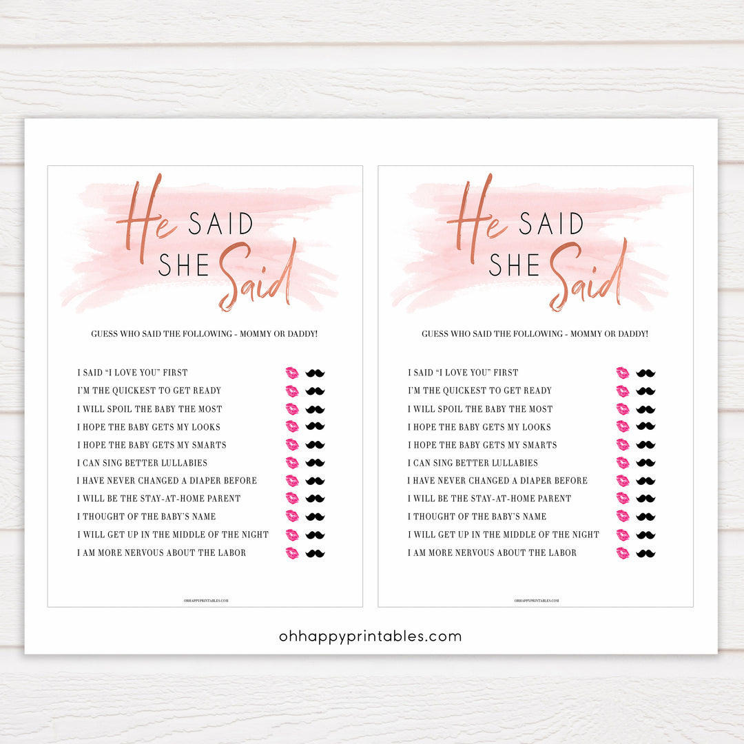 Pink Swash He Said She Said Baby Shower Game, Printable Baby Shower Games, He Said She Said Game, Mommy or Daddy Game, Who What What, popular baby games, fun baby games, printable baby games