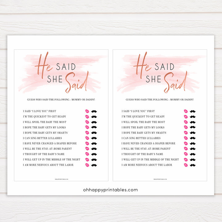 Pink Swash He Said She Said Baby Shower Game, Printable Baby Shower Games, He Said She Said Game, Mommy or Daddy Game, Who What What, popular baby games, fun baby games, printable baby games