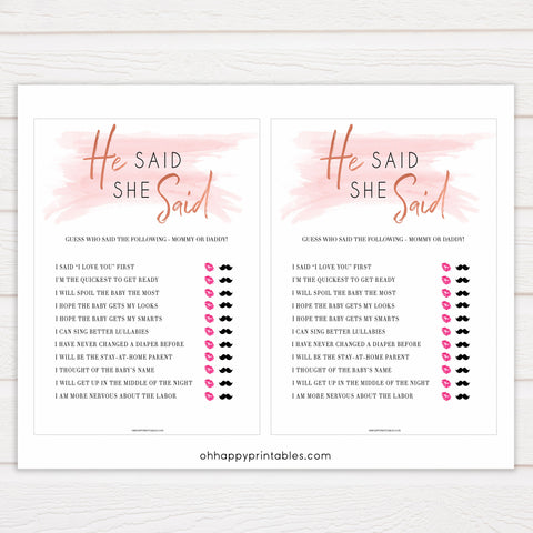 Pink Swash He Said She Said Baby Shower Game, Printable Baby Shower Games, He Said She Said Game, Mommy or Daddy Game, Who What What, popular baby games, fun baby games, printable baby games