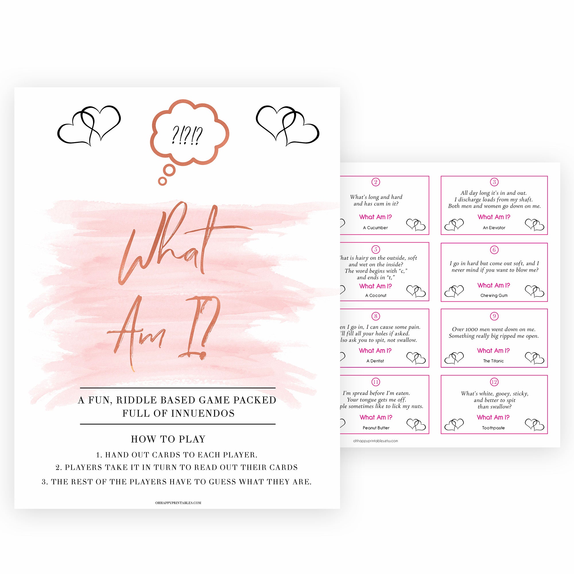 Pink Swash 24 What Am I Innuendo Baby Shower Games, Innuendo Riddle Baby Shower Games, What Am I Games, Pink Adult Printable Baby Shower, printable baby shower games, fun baby shower games, popular baby shower games