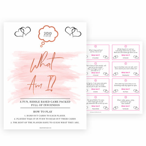 Pink Swash 24 What Am I Innuendo Baby Shower Games, Innuendo Riddle Baby Shower Games, What Am I Games, Pink Adult Printable Baby Shower, printable baby shower games, fun baby shower games, popular baby shower games