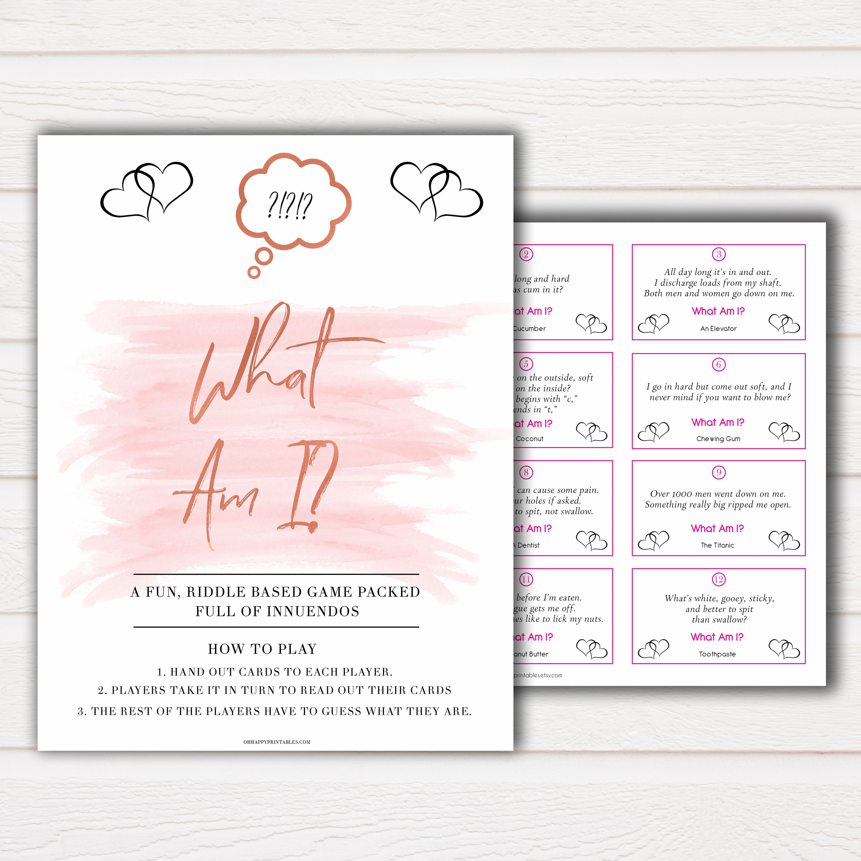 Pink Swash 24 What Am I Innuendo Baby Shower Games, Innuendo Riddle Baby Shower Games, What Am I Games, Pink Adult Printable Baby Shower, printable baby shower games, fun baby shower games, popular baby shower games