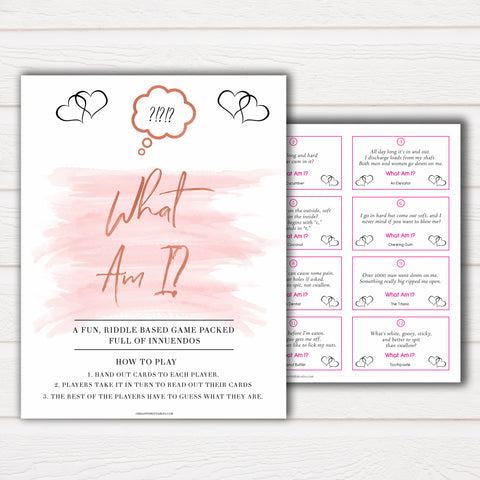Pink Swash 24 What Am I Innuendo Baby Shower Games, Innuendo Riddle Baby Shower Games, What Am I Games, Pink Adult Printable Baby Shower, printable baby shower games, fun baby shower games, popular baby shower games
