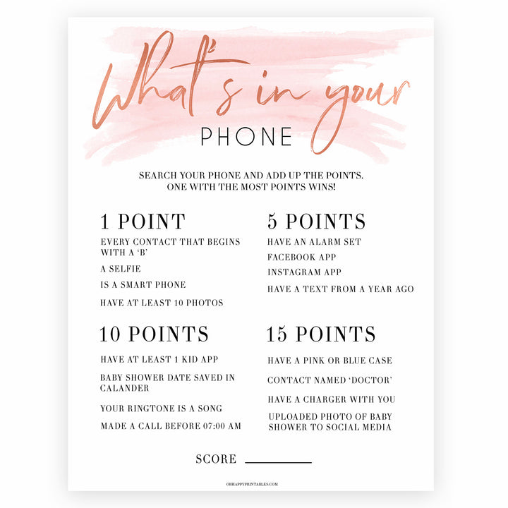 Pink Swash Whats In Your Phone Baby Shower Game, Pink Baby Games, Printable Baby Shower Games, Whats on Your Phone, Baby Shower Game, printable baby shower games, fun baby shower games, popular baby shower games