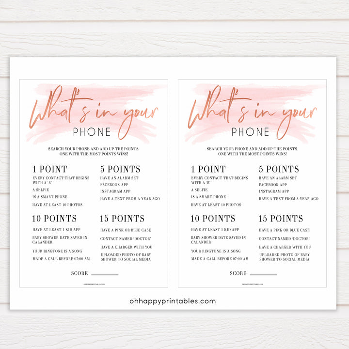 Pink Swash Whats In Your Phone Baby Shower Game, Pink Baby Games, Printable Baby Shower Games, Whats on Your Phone, Baby Shower Game, printable baby shower games, fun baby shower games, popular baby shower games