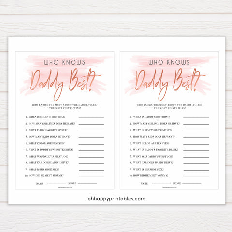 Pink Swash Who Knows Daddy Best, How Well Do you Know Daddy Games, Who Knows Daddy Game, Pink Baby Shower Games, Printable Baby Shower, printable baby shower games, fun baby shower games, popular baby shower games