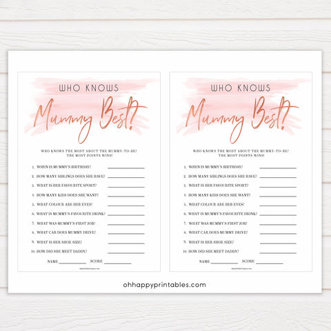 Pink Swash Who Knows Mommy Best Quiz, Printable Baby Shower Games, Knows Mummy Games, Neutral Baby Shower Games, Fun Baby Shower Games, printable baby shower games, fun baby shower games, popular baby shower games