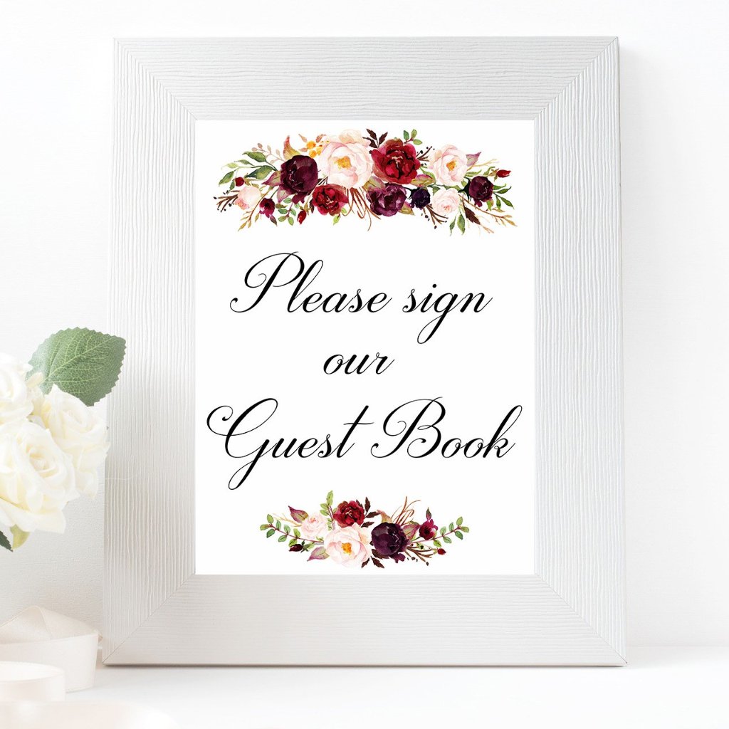Please sign our guest book marsala wedding sign printable