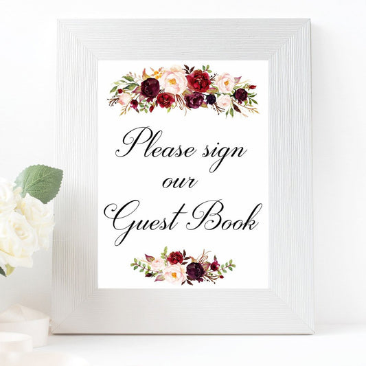 Please sign our guest book marsala wedding sign printable