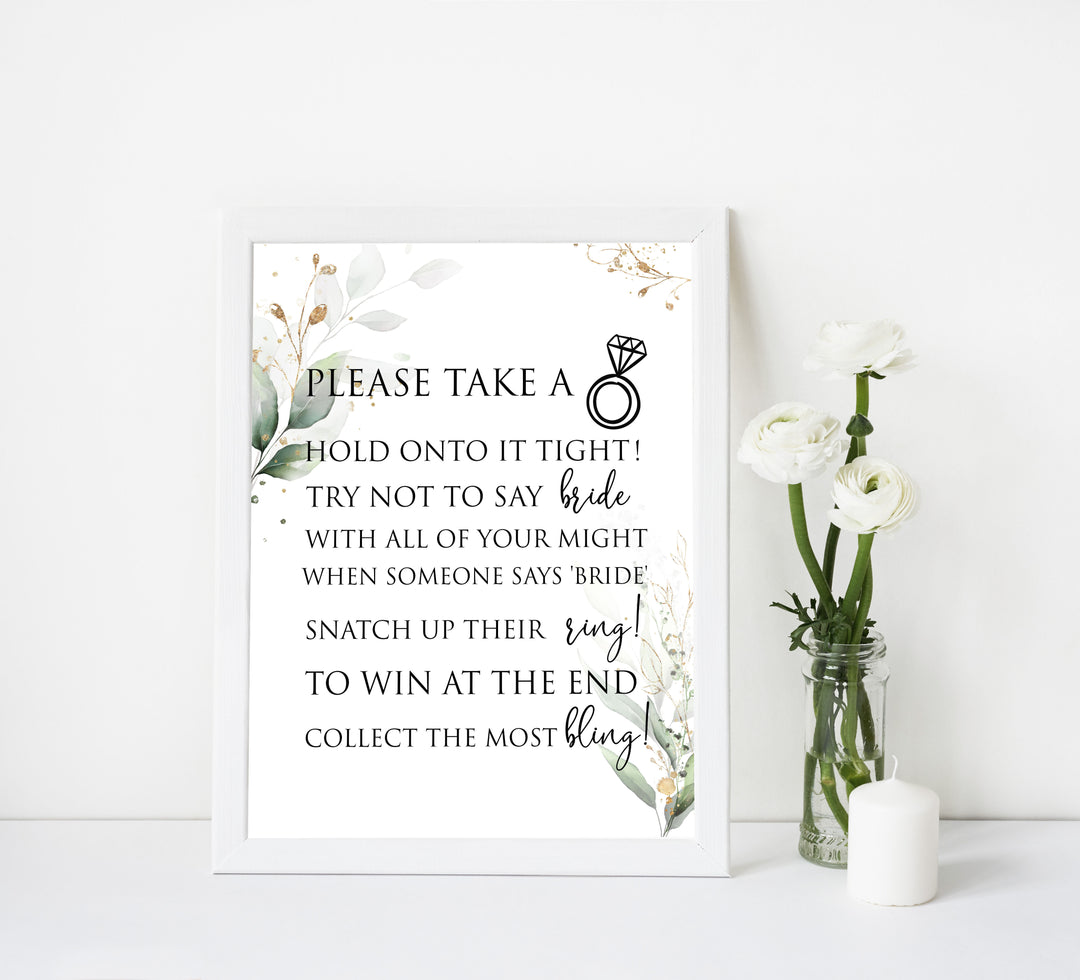 please take a ring game, Printable bridal shower games, greenery bridal shower, gold leaf bridal shower games, fun bridal shower games, bridal shower game ideas, greenery bridal shower