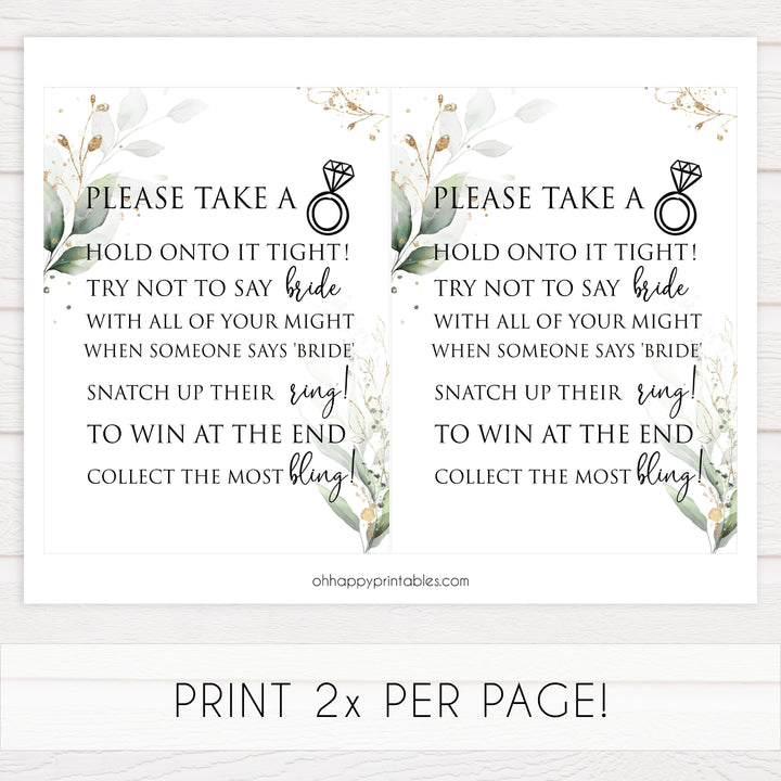 please take a ring game, Printable bridal shower games, greenery bridal shower, gold leaf bridal shower games, fun bridal shower games, bridal shower game ideas, greenery bridal shower