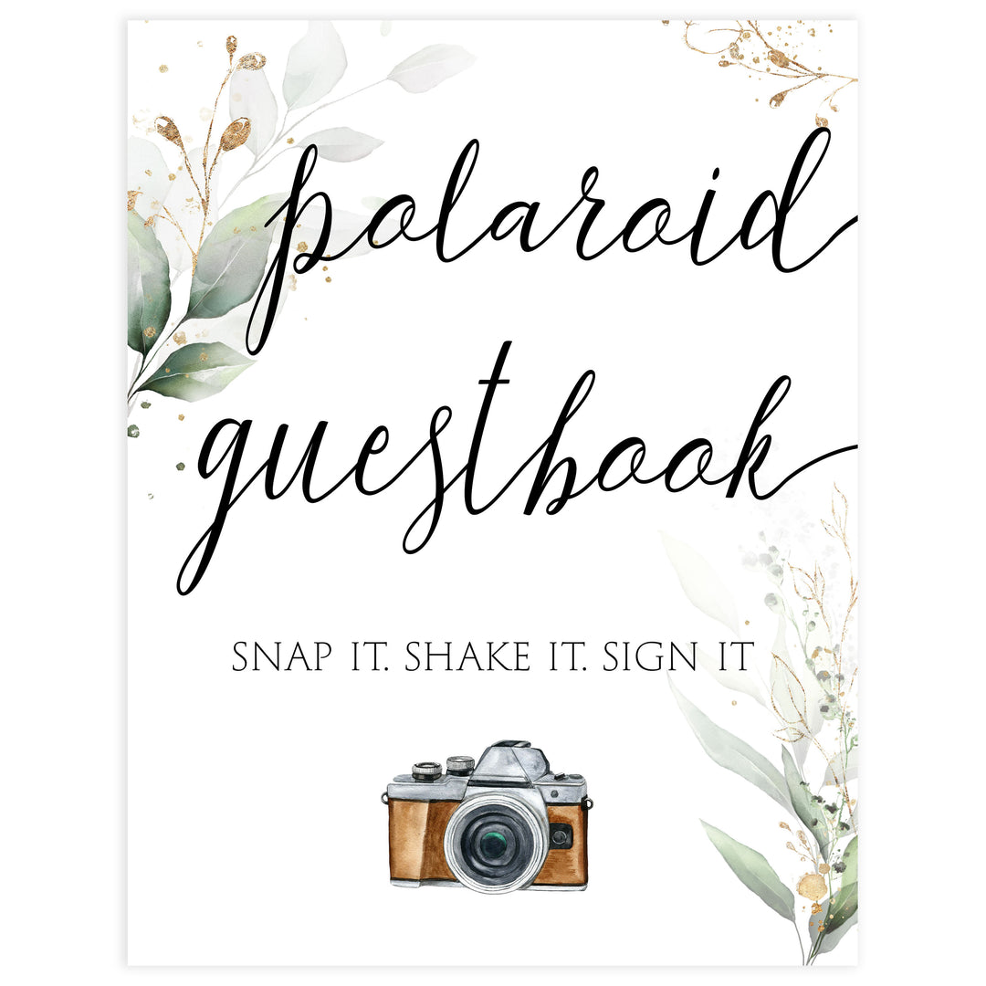 polaroid guestbook sign, Printable bridal shower signs, greenery bridal shower decor, gold leaf bridal shower decor ideas, fun bridal shower decor, bridal shower game ideas, greenery bridal shower ideas