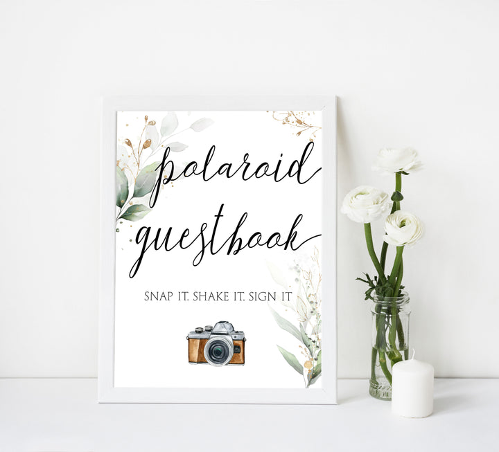 polaroid guestbook sign, Printable bridal shower signs, greenery bridal shower decor, gold leaf bridal shower decor ideas, fun bridal shower decor, bridal shower game ideas, greenery bridal shower ideas