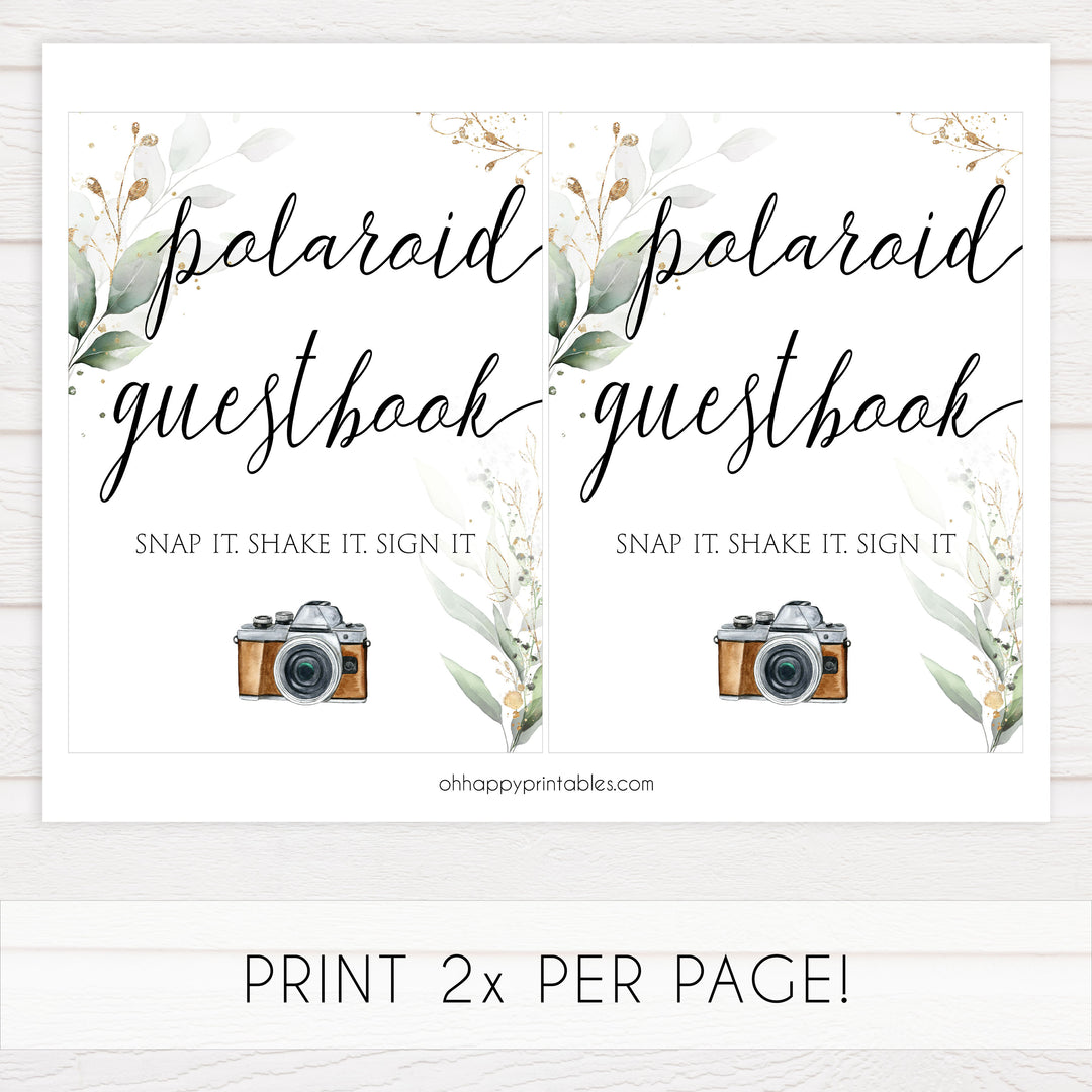 polaroid guestbook sign, Printable bridal shower signs, greenery bridal shower decor, gold leaf bridal shower decor ideas, fun bridal shower decor, bridal shower game ideas, greenery bridal shower ideas
