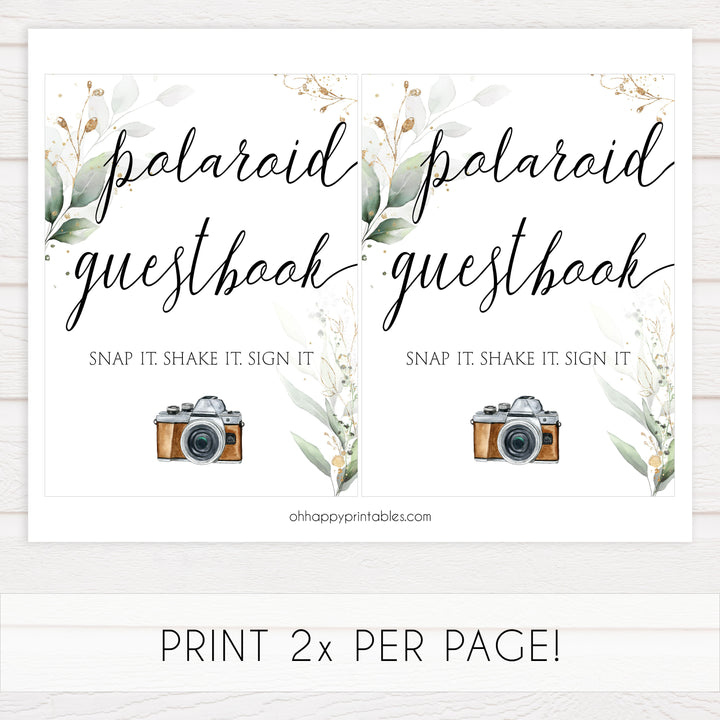 polaroid guestbook sign, Printable bridal shower signs, greenery bridal shower decor, gold leaf bridal shower decor ideas, fun bridal shower decor, bridal shower game ideas, greenery bridal shower ideas
