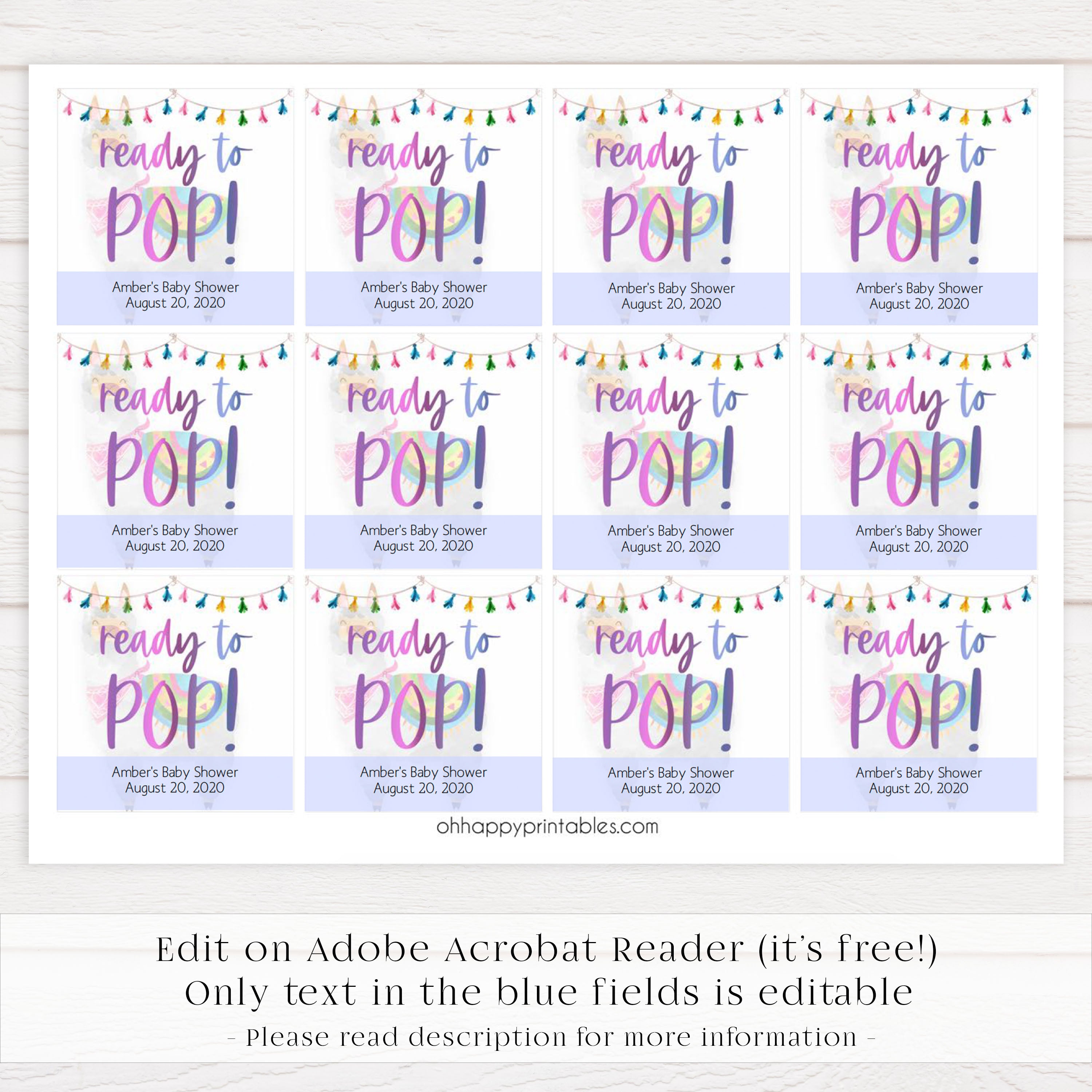 ready to pop tags, baby pop tags, Printable baby shower games, llama fiesta fun baby games, baby shower games, fun baby shower ideas, top baby shower ideas, Llama fiesta shower baby shower, fiesta baby shower ideas