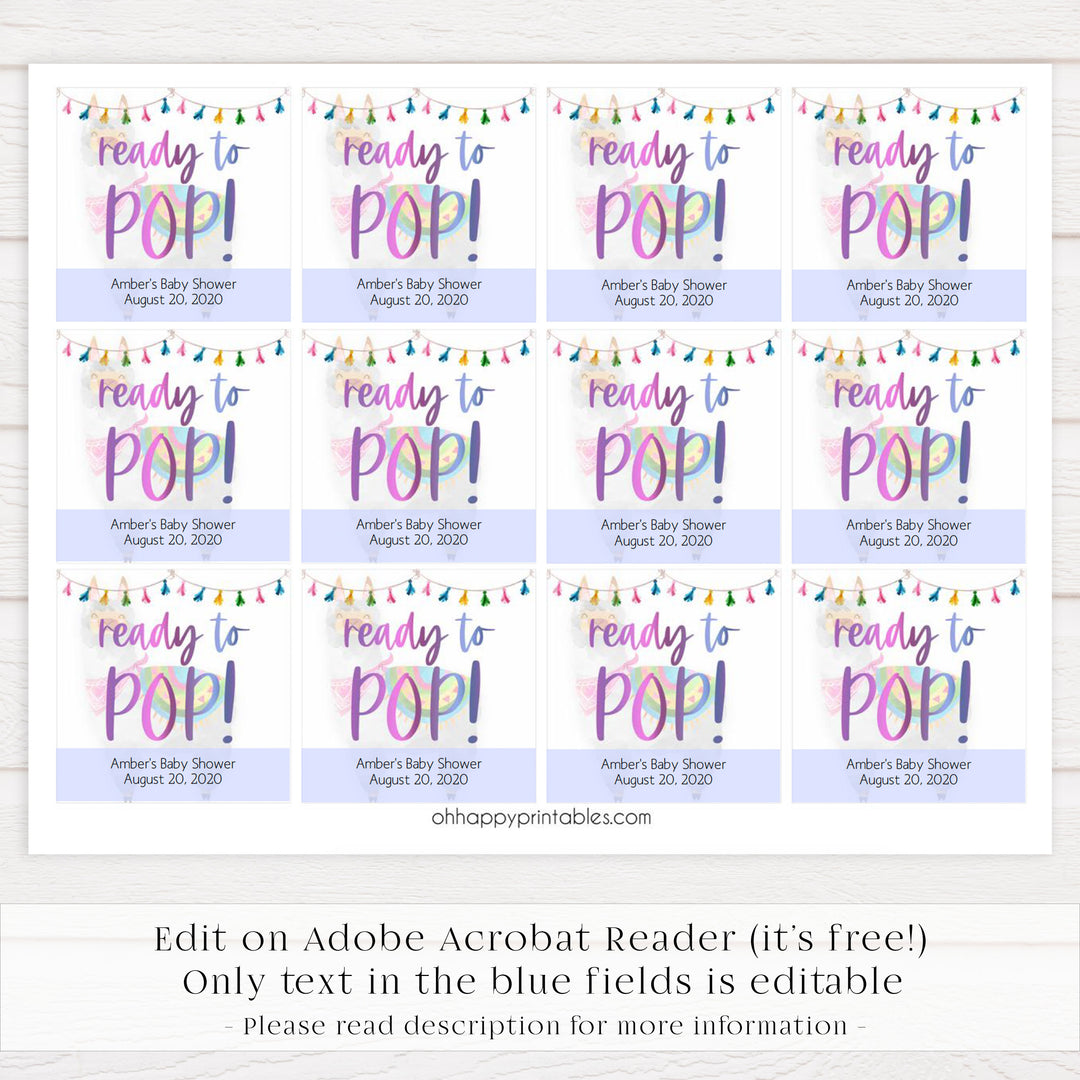 ready to pop tags, baby pop tags, Printable baby shower games, llama fiesta fun baby games, baby shower games, fun baby shower ideas, top baby shower ideas, Llama fiesta shower baby shower, fiesta baby shower ideas