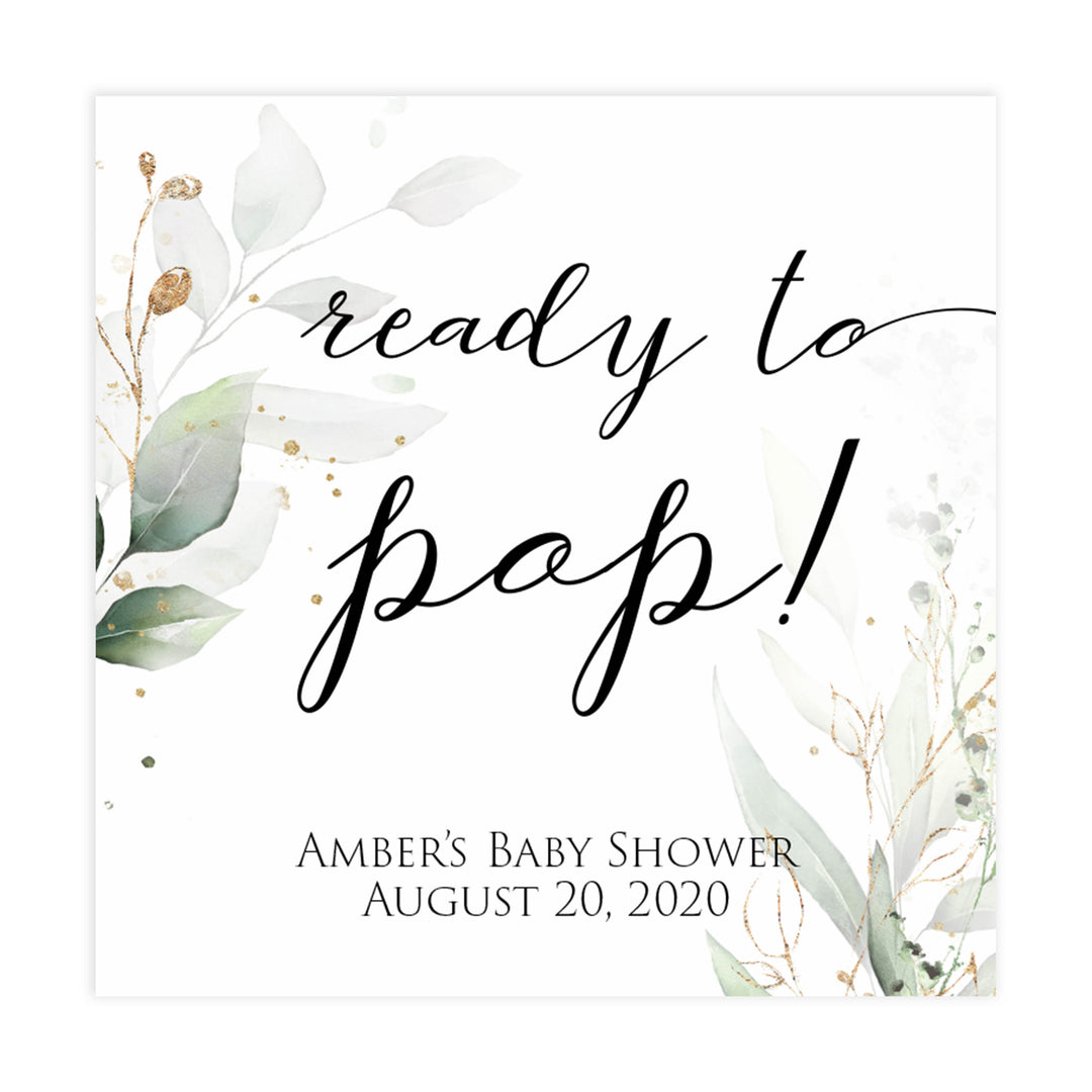 Gold green leaf baby games, ready to pop tag, pop tags, printable baby games, fun baby games, top baby games to play, gold leaf baby shower, greenery baby shower ideas