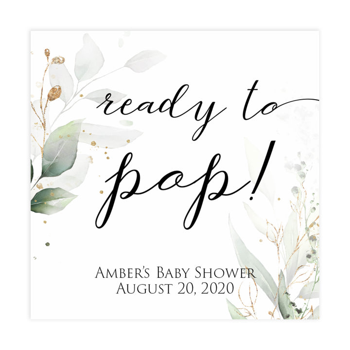 Gold green leaf baby games, ready to pop tag, pop tags, printable baby games, fun baby games, top baby games to play, gold leaf baby shower, greenery baby shower ideas