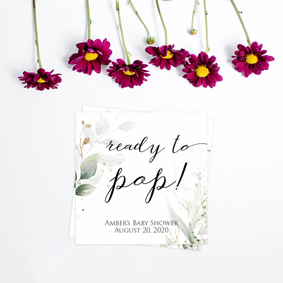 Gold green leaf baby games, ready to pop tag, pop tags, printable baby games, fun baby games, top baby games to play, gold leaf baby shower, greenery baby shower ideas