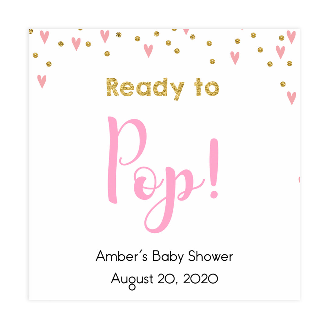 ready to pop tags, pop baby tags,Printable baby shower games, small pink hearts fun baby games, baby shower games, fun baby shower ideas, top baby shower ideas, gold baby shower, pink hearts baby shower ideas