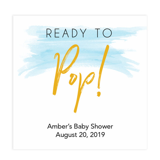 ready to pop baby shower tags, printable baby tags, blue swash baby tags, fun baby shower ideas