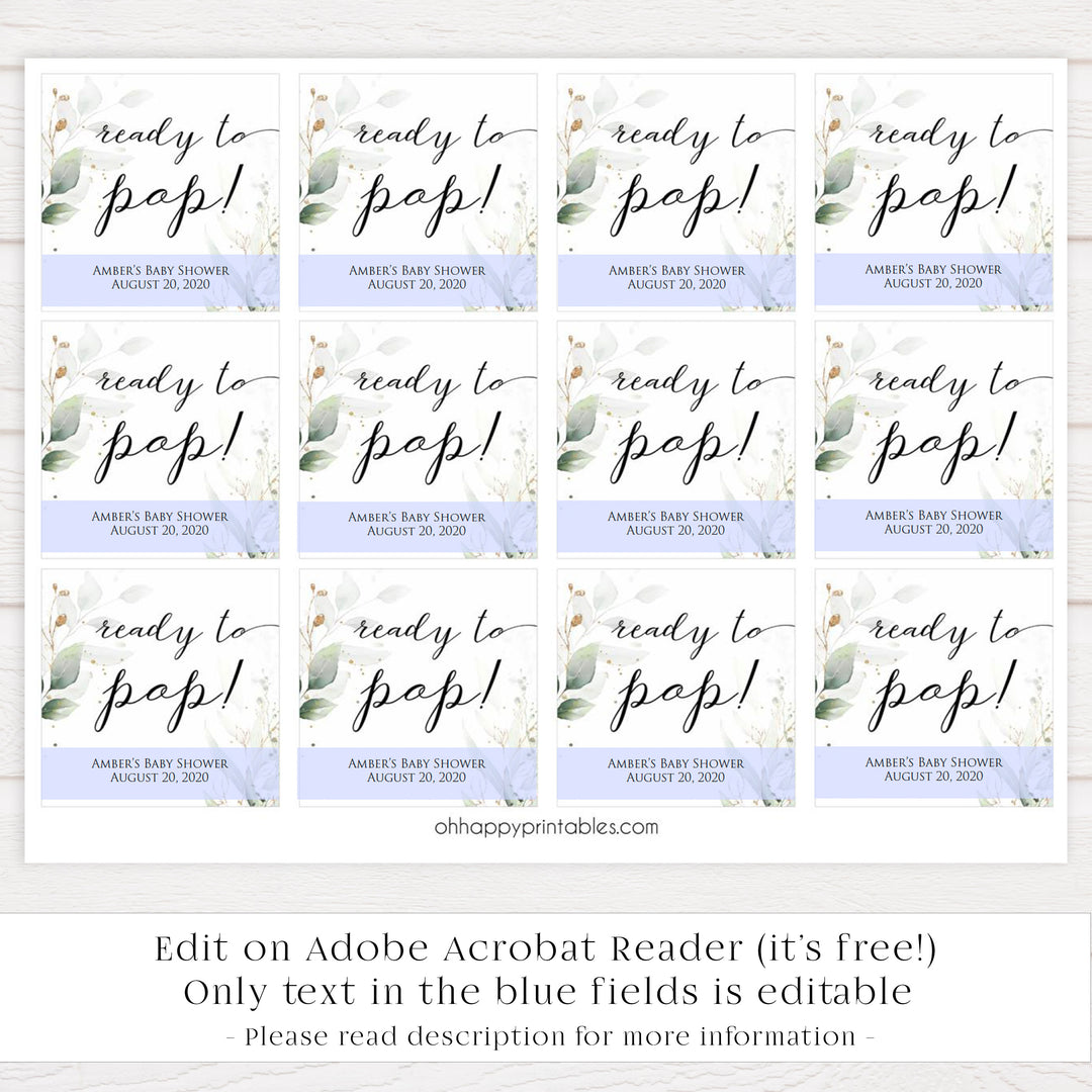 Gold green leaf baby games, ready to pop tag, pop tags, printable baby games, fun baby games, top baby games to play, gold leaf baby shower, greenery baby shower ideas