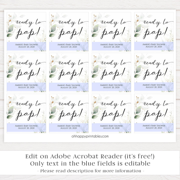 Gold green leaf baby games, ready to pop tag, pop tags, printable baby games, fun baby games, top baby games to play, gold leaf baby shower, greenery baby shower ideas