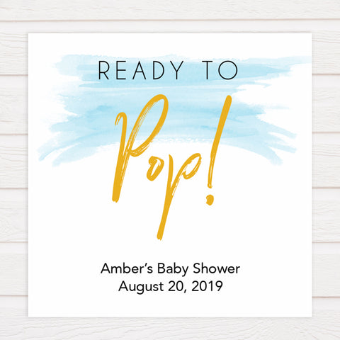 ready to pop baby shower tags, printable baby tags, blue swash baby tags, fun baby shower ideas
