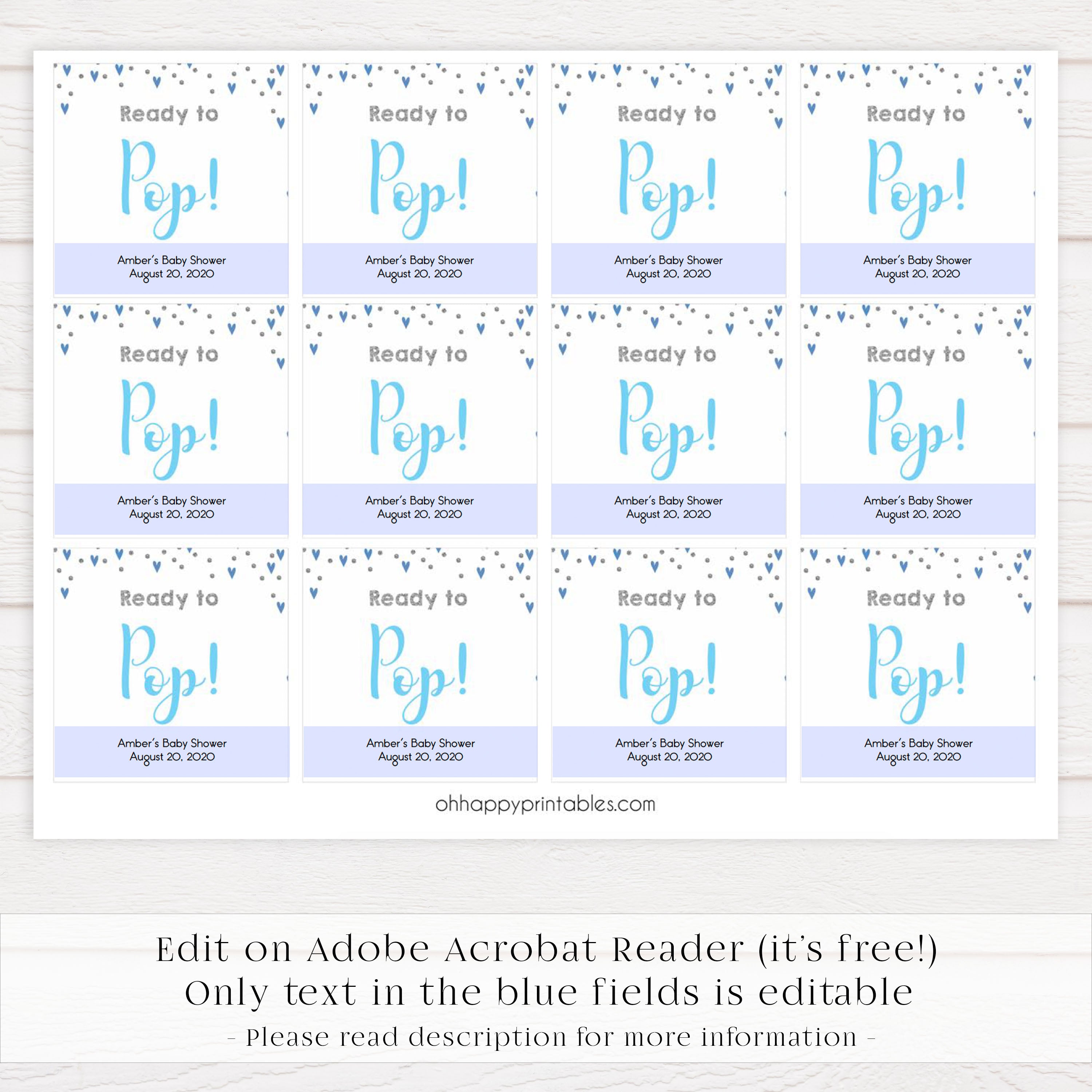 ready to pop tags, pop tags, Printable baby shower games, small blue hearts fun baby games, baby shower games, fun baby shower ideas, top baby shower ideas, silver baby shower, blue hearts baby shower ideas